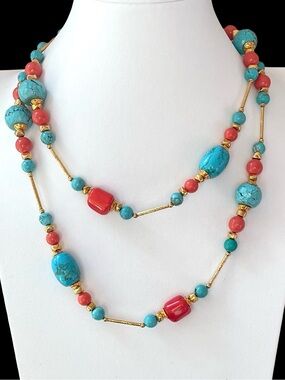 Signed Barrera 24K Gold Plated Necklace With Turquoise And Coral